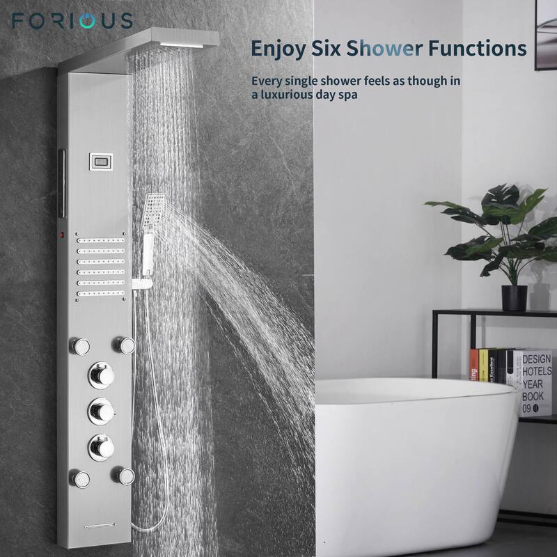 FORIOUS LED 55" Shower Panel Tower System and Tub Spout With battery In Brushed Nickel and Black